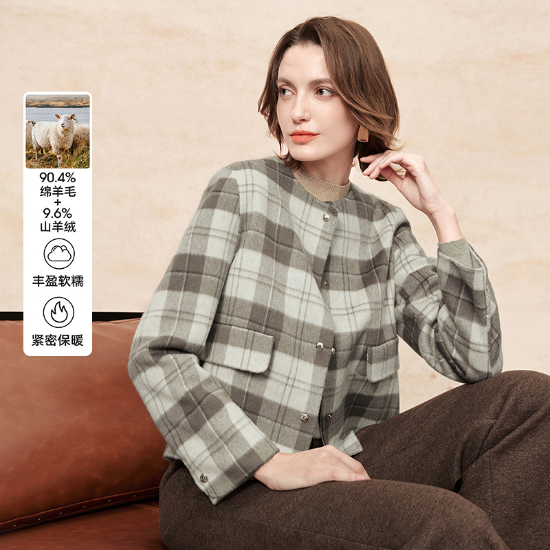 FINITY菲妮迪羊绒羊毛格子毛呢外套女2025年冬季新款复古短款大衣