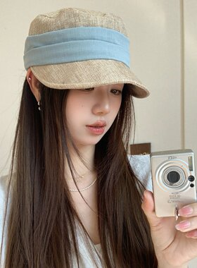 韩系淡蓝色仿麻开叉显脸小马术帽女春夏百搭遮阳防晒平顶鸭舌帽
