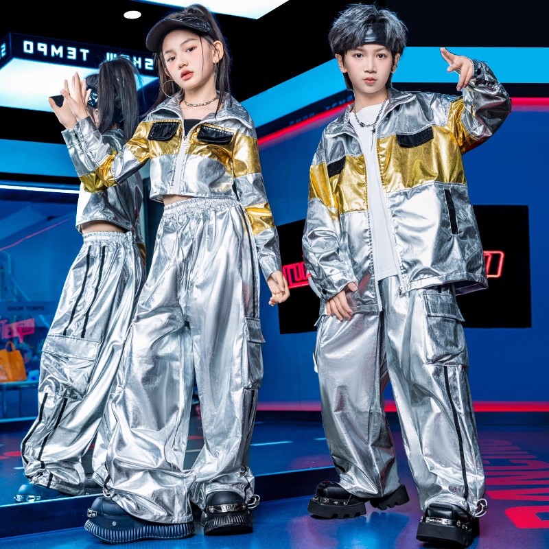 元旦儿童演出服银色亮皮爵士舞蹈服装潮流架子鼓嘻哈街舞套装男童