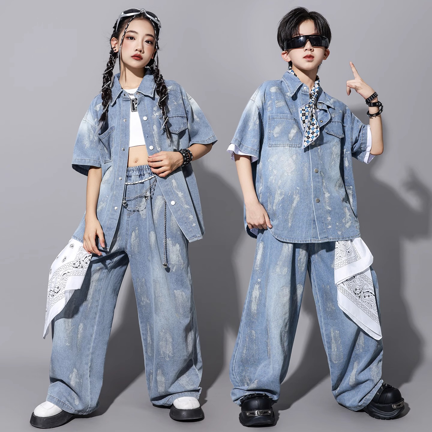 街舞儿童潮服演出服男童夏牛仔套装hiphop少儿嘻哈女爵士舞表演服