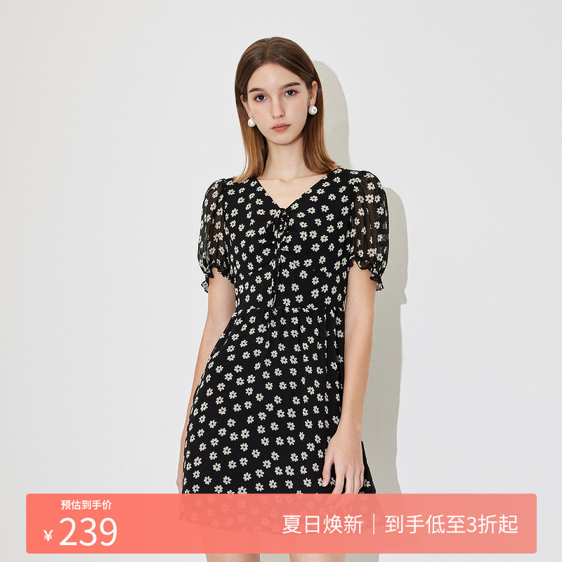 FIVE PLUS连衣裙女雪纺印花碎花裙子V领泡泡袖短裙高腰新款女夏装
