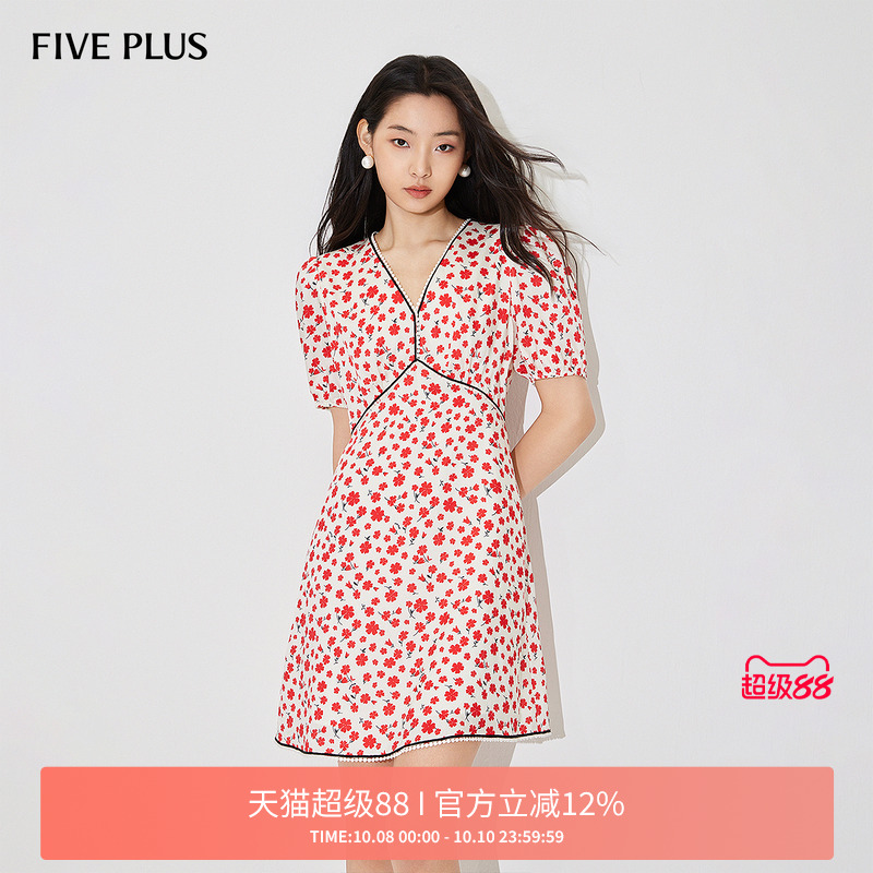 FIVEPLUS法式茶歇泡泡袖连衣裙