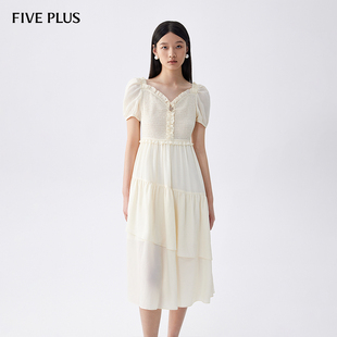 FIVE V領(lǐng)中長裙子木耳花邊高腰女夏裝 PLUS連衣裙女泡泡袖