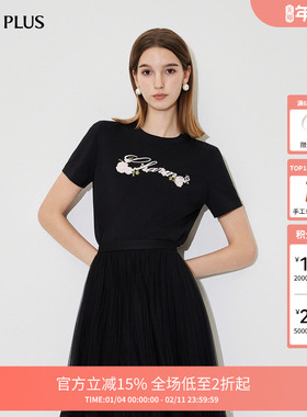 FIVE PLUST恤女短袖上衣刺绣字母套头直筒宽松休闲百搭棉质女夏装