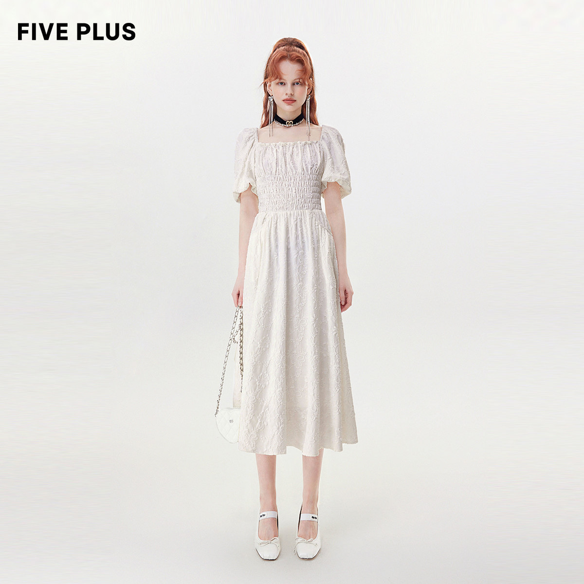 【FIVE PLUS 奥莱】连衣裙女复古泡泡袖高腰法式方领中长裙女春夏