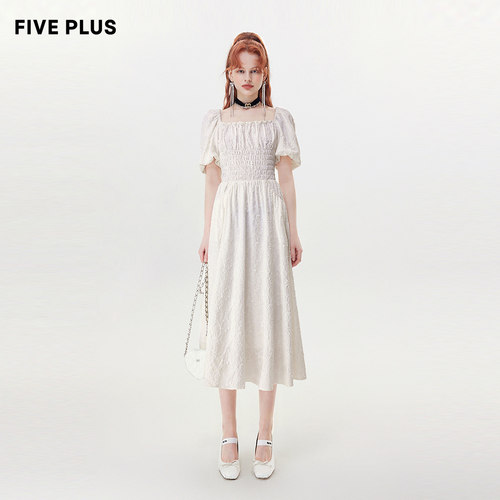 【FIVE PLUS 奥莱】连衣裙女复古泡泡袖高腰法式方领中长裙女春夏