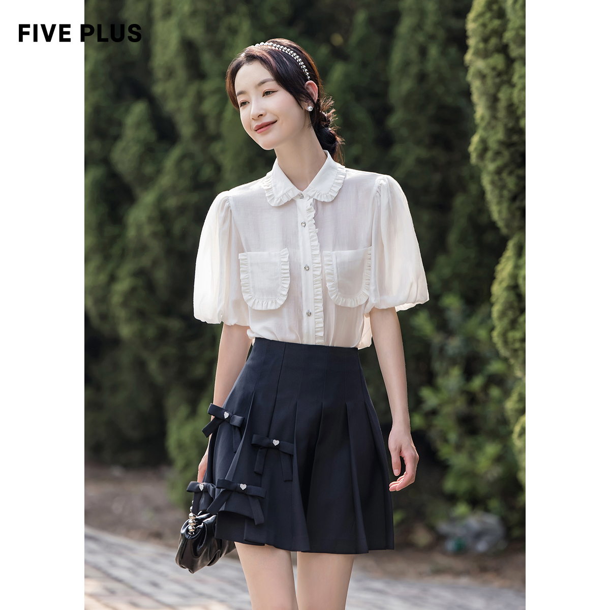 FIVE PLUS女夏装气质灯笼袖白衬衫女宽松设计感上衣天丝