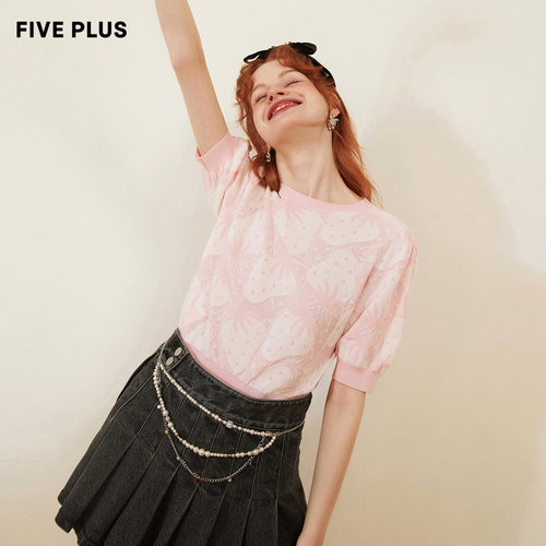 【FIVE PLUS 奥莱】针织衫女复古泡泡袖气质短袖套头衫草莓女夏装