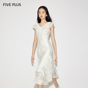 FIVE 女夏裝 PLUS連衣裙女小白裙繡花荷葉邊中長裙子天絲2024新款