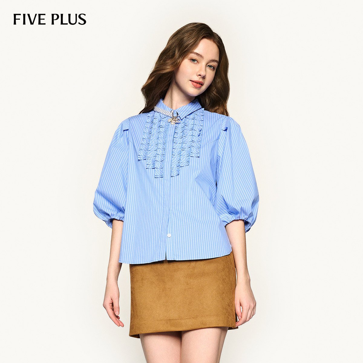 FIVE PLUS条纹衬衫女智感通勤衬衣复古灯笼袖压褶女春装图片