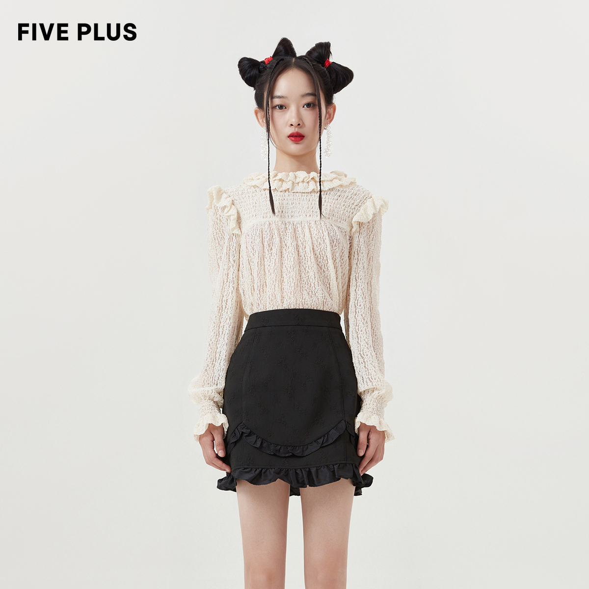 FIVE PLUS衬衫女花边领蕾丝气质长袖套头衬衣小众女春装