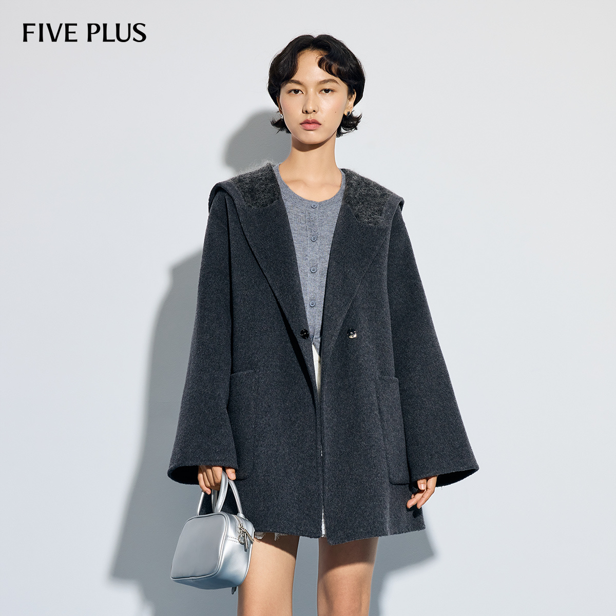 FIVE PLUS双面呢韩系海军领绑带一粒扣羊毛大衣2025新款女冬装