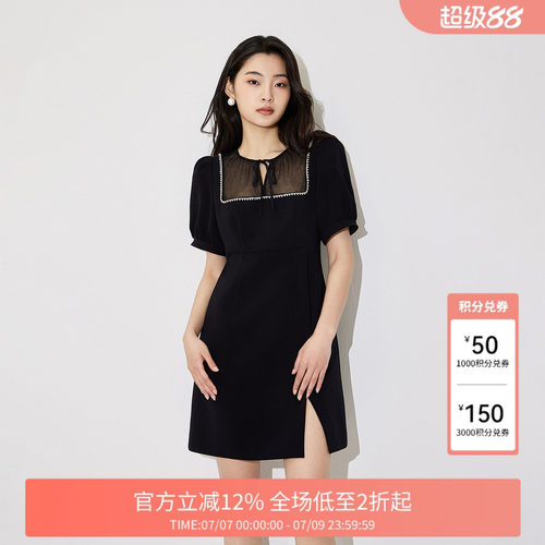 FIVE PLUS连衣裙女裙子法式复古泡泡袖收腰小黑裙新款女春装