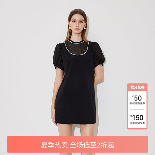 FIVE PLUS连衣裙女裙子法式泡泡袖复古优雅小黑裙新款女夏装
