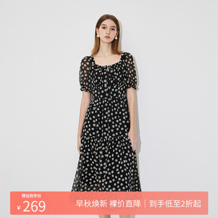 FIVE PLUS连衣裙女雪纺碎花裙子中长高腰方领法式 新款 女夏装