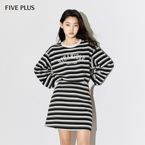 FIVE PLUS连衣裙女卫衣裙设计感条纹收腰短款裙子新款女春装