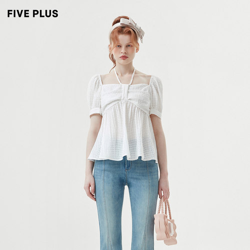 【FIVE PLUS 奥莱】衬衫女清新格子法式方领泡泡袖别致上衣女夏装