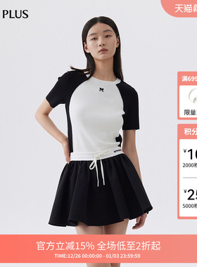 FIVE PLUS针织衫女短袖上衣撞色套头衫修身圆领潮2024新款女秋装