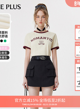 FIVE PLUST恤女多巴胺甜酷美式复古设计感撞色短袖上衣女新款