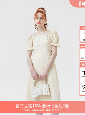 FIVE PLUS连衣裙女裙子法式方领泡泡袖镂空公主裙新款女夏装