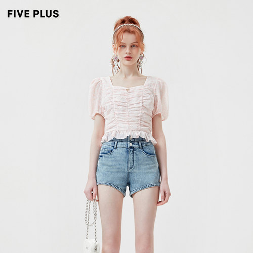 【FIVE PLUS 奥莱】衬衫女清新印花雪纺泡泡袖方领别致上衣女夏装