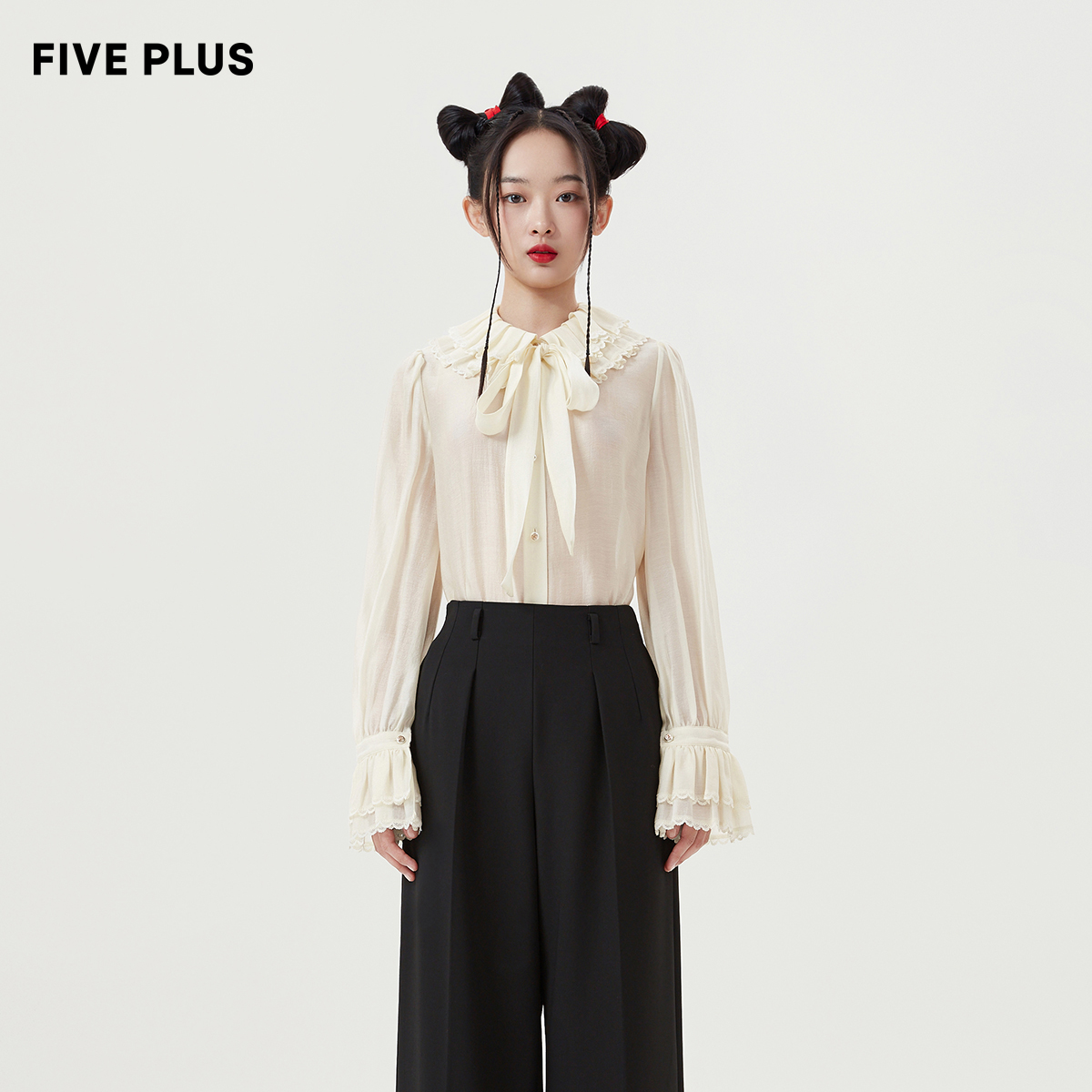 FIVE PLUS衬衫女气质花边领喇叭袖衬衣莱赛尔小众女春装