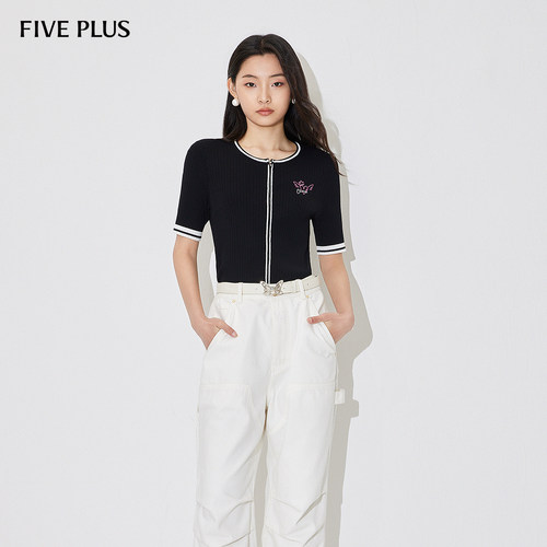 FIVE PLUS针织衫女上衣开衫外搭短袖条纹刺绣拉链新款女夏装