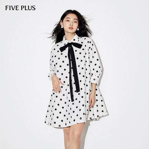 FIVE PLUS连衣裙女裙子法式波点泡泡袖宽松衬衫裙女夏装