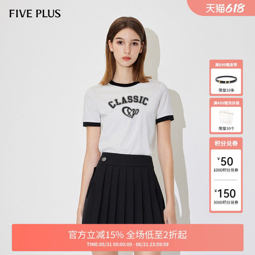 FIVE PLUST恤女上衣字母图案短袖圆领套头衫潮棉质新款女夏装