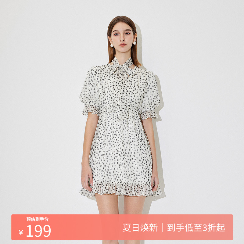 FIVE PLUS连衣裙女泡泡袖碎花短裙子高腰系带复古新款女夏装