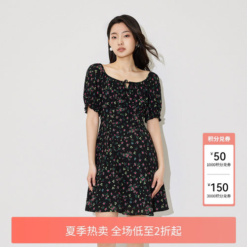 FIVE PLUS连衣裙女碎花裙法式泡泡袖收腰裙子女夏装