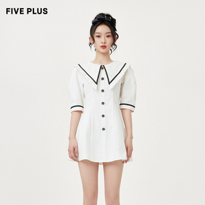 【FIVE PLUS 奥莱】连衣裙女减龄娃娃领白色高腰单排扣短裙女夏装