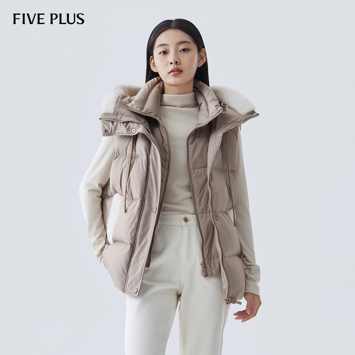 FIVE PLUS羽绒马甲女拼羊毛毛领连帽外套立领保暖2024新款女冬装图片