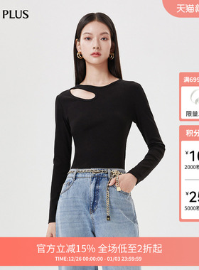 FIVE PLUS长袖T恤女通勤上衣修身镂空设计感打底衫2025新款女春装