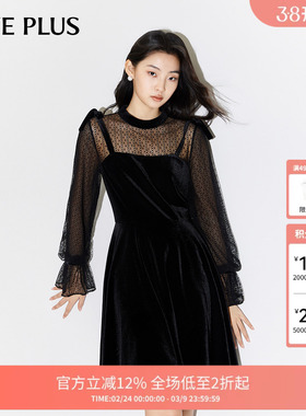 FIVE PLUS连衣裙女丝绒吊带裙子蕾丝拼接收腰显瘦女春装