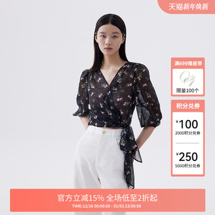 设计感女夏装 女上衣蝴蝶绑带衬衣中袖 PLUS碎花衬衫 FIVE