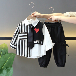 男童春装套装2024新款酷帅儿童工装裤衬衫两件套男孩春秋季潮