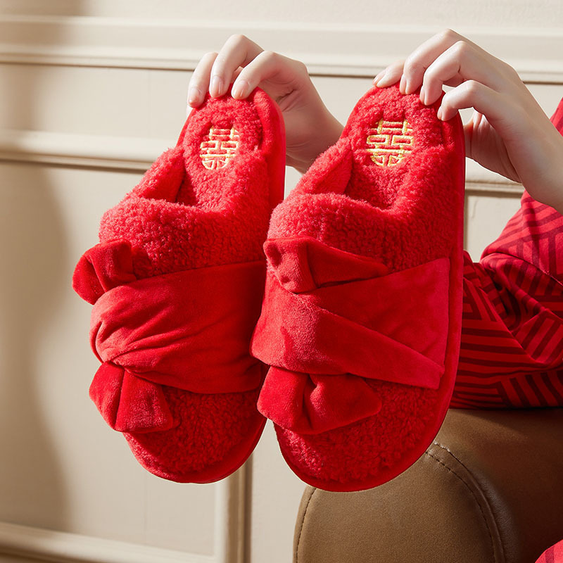 鲨际结婚棉拖鞋保暖毛绒喜庆居家