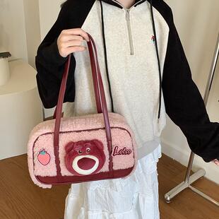 迪士尼草莓熊毛绒单肩包秋冬款 疯狂动物城尼克大容量手提拎包 正版