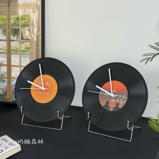 复古落日黑胶唱片座钟创意时钟客厅办公室书桌摆件酒柜电视墙装饰