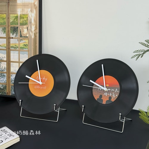 复古落日黑胶唱片座钟创意时钟
