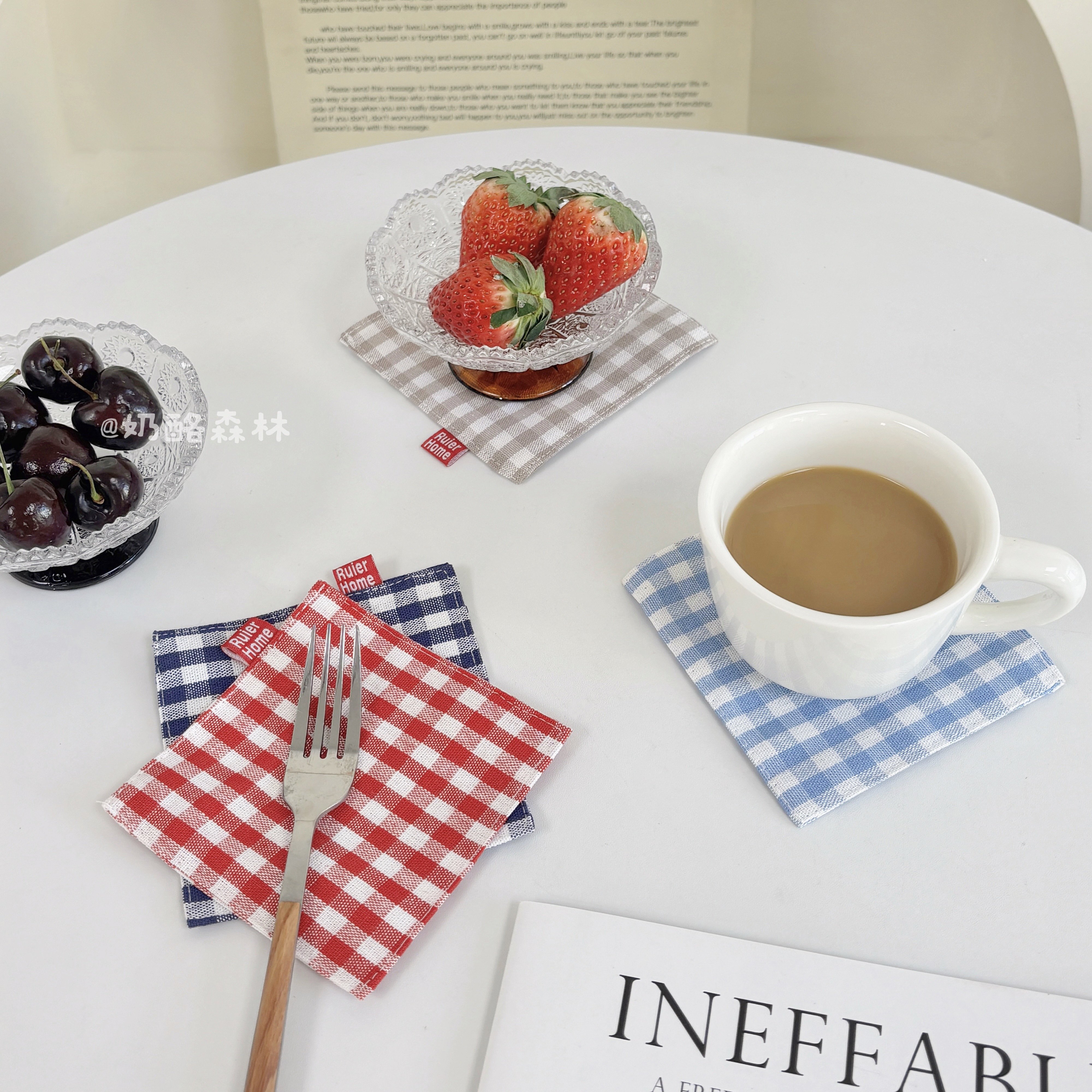 ins韩风格子杯垫 文艺咖啡店家用小清新布艺隔热垫氛围感拍照道具,餐饮具,杯垫,淘宝优惠券,粉丝福利购,淘宝优惠卷