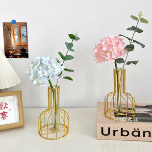 北欧风仿真绣球花假花金色铁艺玻璃花瓶餐桌直播间玄关电视柜装饰