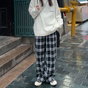 格子裤女夏季韩版宽松大码垂感休闲阔腿裤显瘦高腰学生运动长裤女