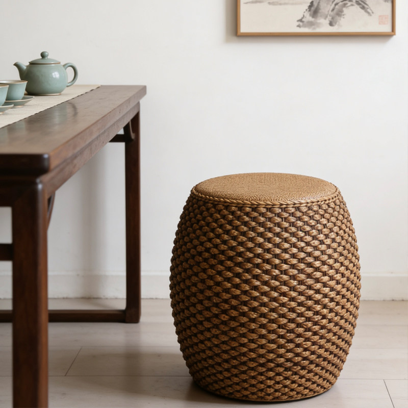 藤编鼓凳仿古中式实木圆凳化妆鼓墩换鞋坐墩古筝凳客厅茶几矮凳