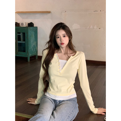 2025秋冬新款嫩黄色假两件长袖T恤女小众修身独特别致短款上衣