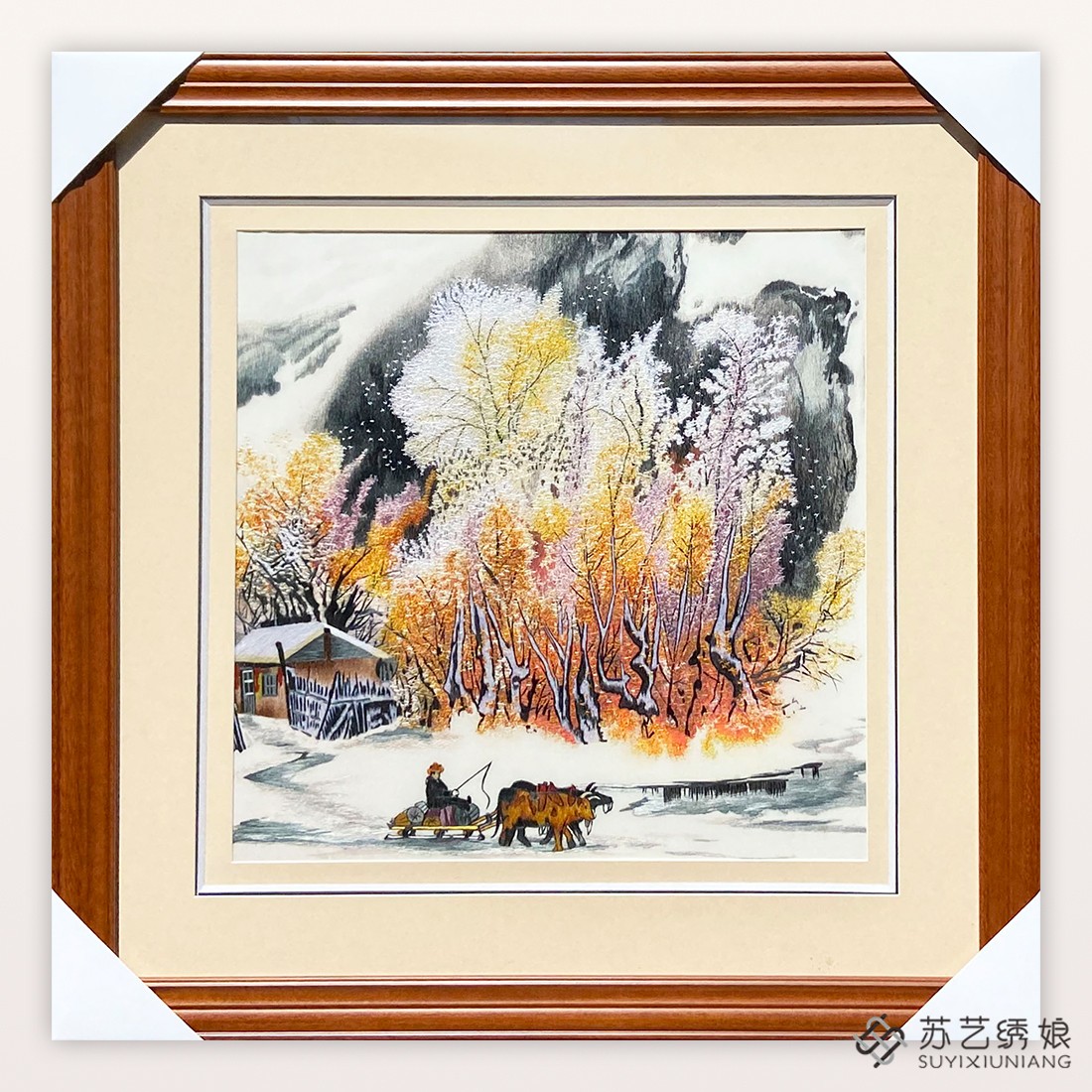 苏绣成品挂画手工刺绣精品客厅卧室装饰挂画树林马车小牛办公室画图片
