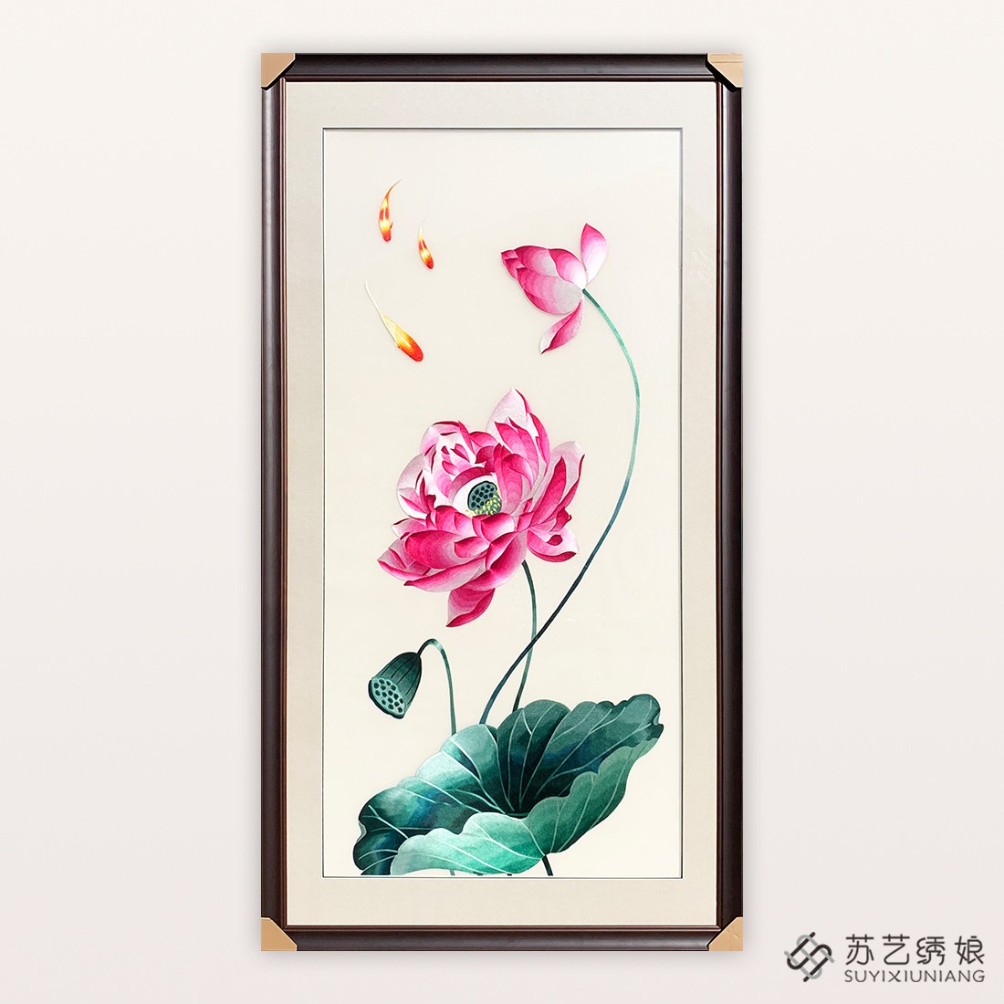 苏绣成品挂画手工刺绣精品鲤鱼荷花玄关挂画别墅装饰挂画大幅刺绣图片