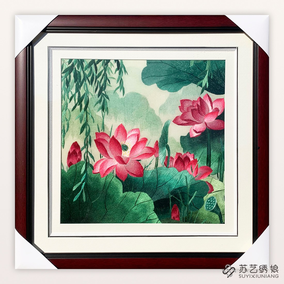 苏绣成品挂画手工刺绣精品垂柳荷花客厅卧室装饰挂画送朋友刺绣画图片