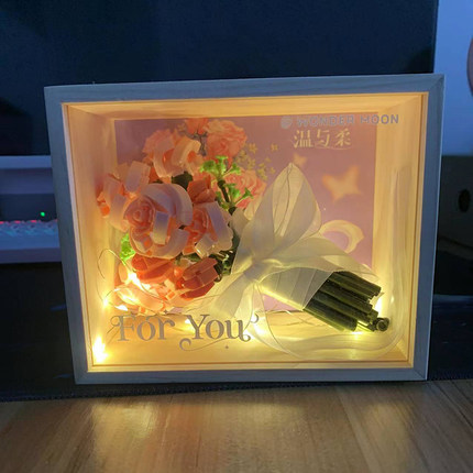 月光社积木拼装玩具玫瑰花束相框七夕情人节女孩礼物温与柔光与芒